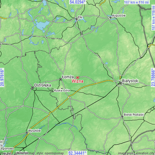 Topographic map of Wizna