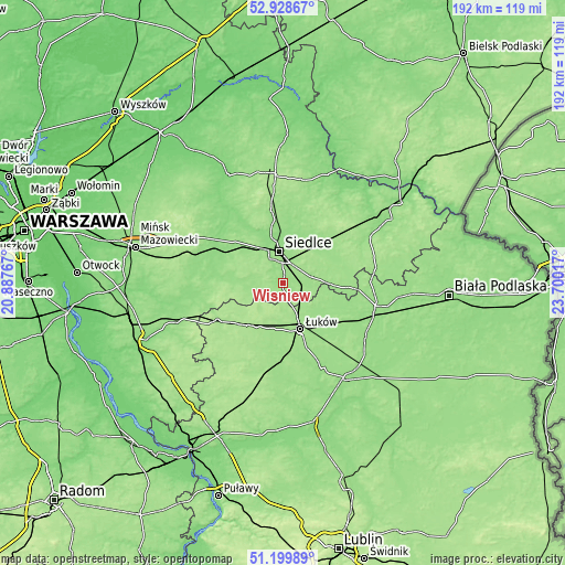 Topographic map of Wiśniew