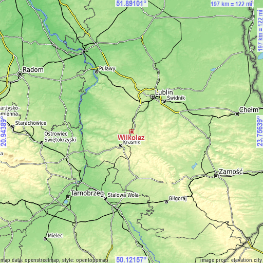 Topographic map of Wilkołaz