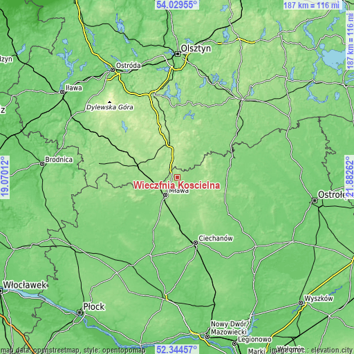 Topographic map of Wieczfnia Kościelna