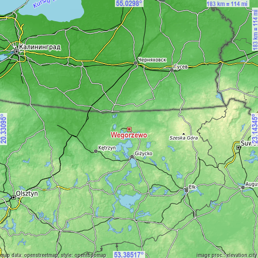 Topographic map of Węgorzewo