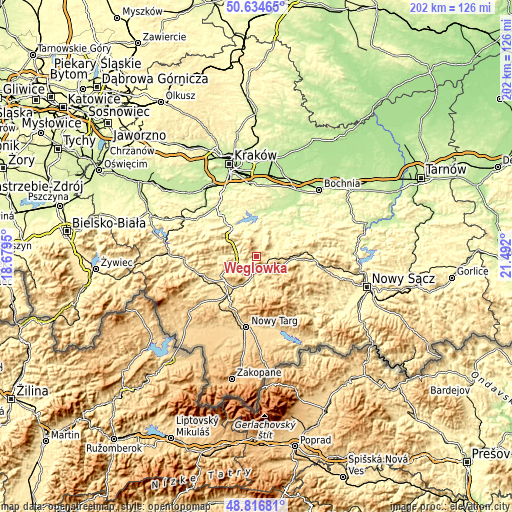 Topographic map of Węglówka