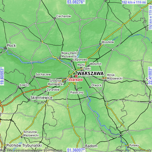 Topographic map of Warsaw
