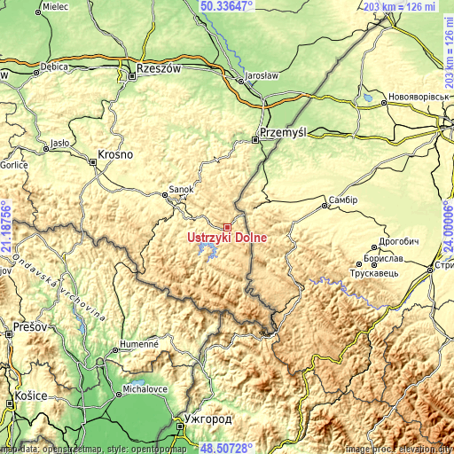 Topographic map of Ustrzyki Dolne