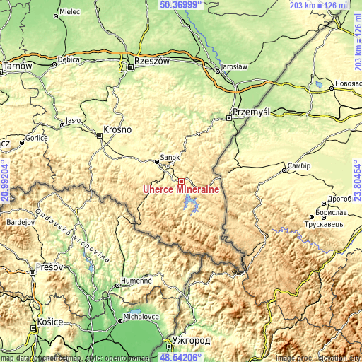 Topographic map of Uherce Mineralne