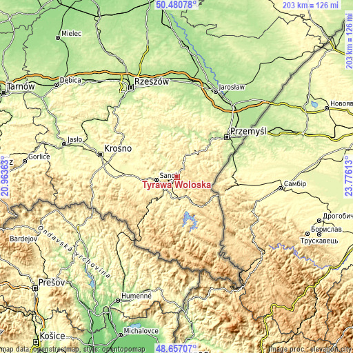 Topographic map of Tyrawa Wołoska