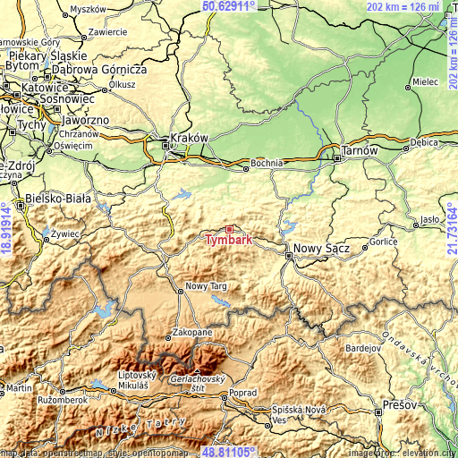 Topographic map of Tymbark