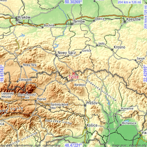 Topographic map of Tylicz