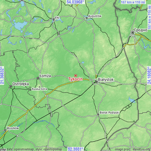 Topographic map of Tykocin