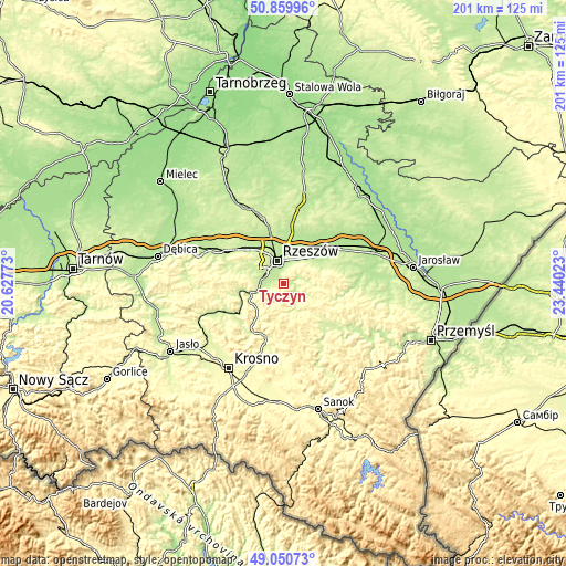 Topographic map of Tyczyn