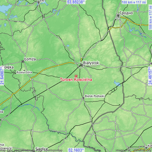 Topographic map of Turośń Kościelna