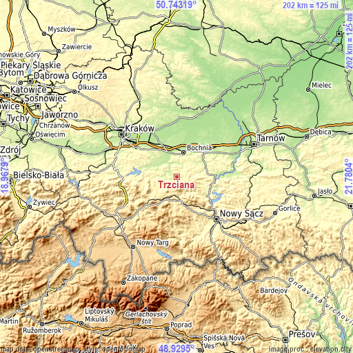 Topographic map of Trzciana