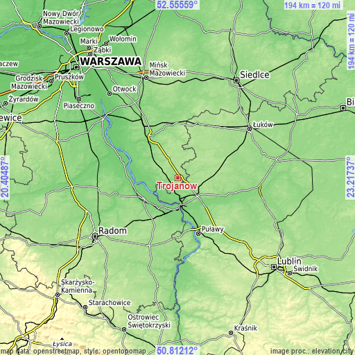 Topographic map of Trojanów