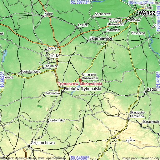 Topographic map of Tomaszów Mazowiecki