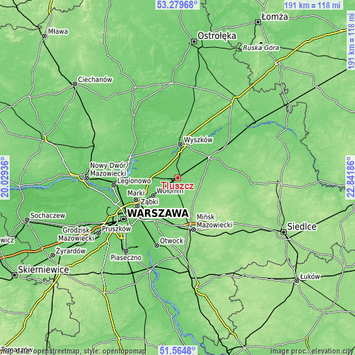 Topographic map of Tłuszcz