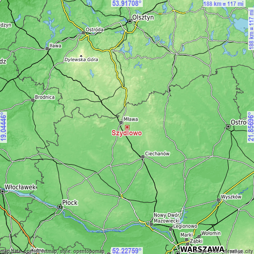 Topographic map of Szydłowo