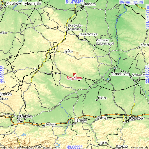 Topographic map of Szydłów