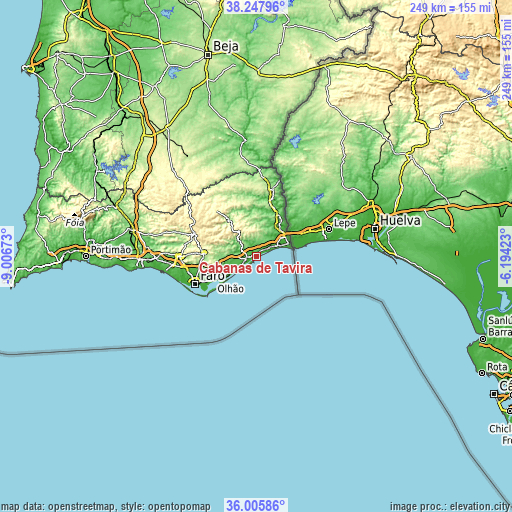 Topographic map of Cabanas de Tavira