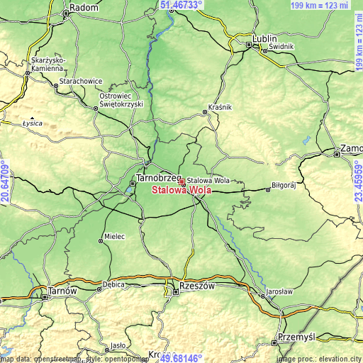 Topographic map of Stalowa Wola