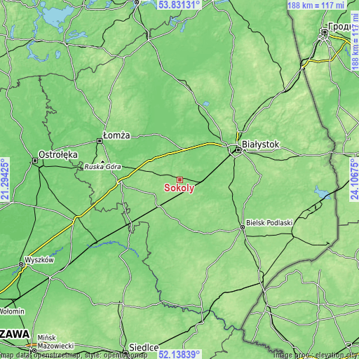 Topographic map of Sokoły