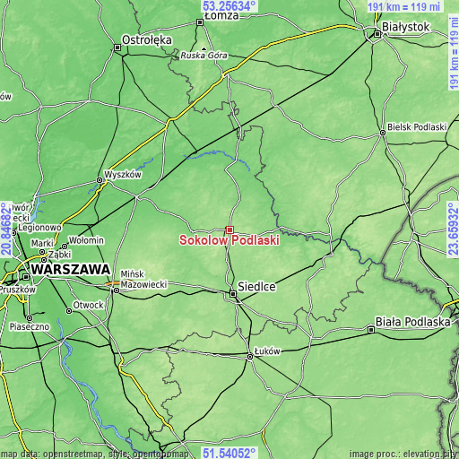 Topographic map of Sokołów Podlaski