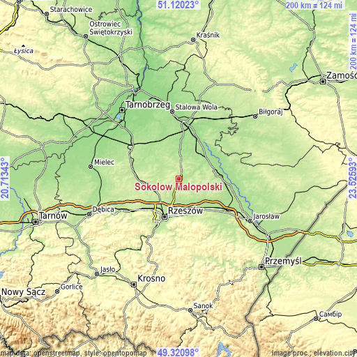 Topographic map of Sokołów Małopolski