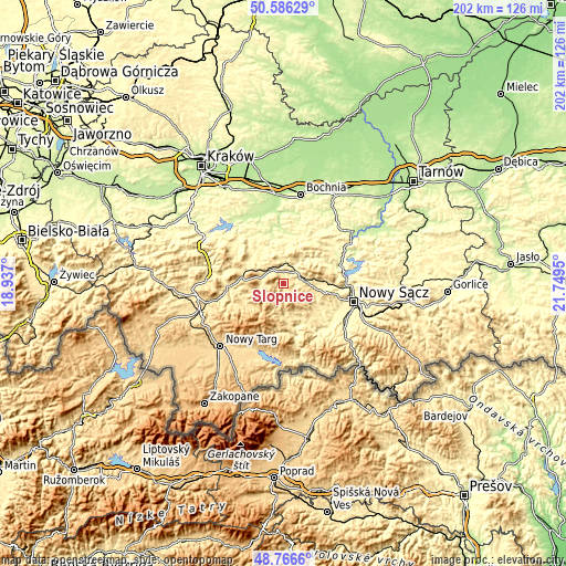 Topographic map of Słopnice