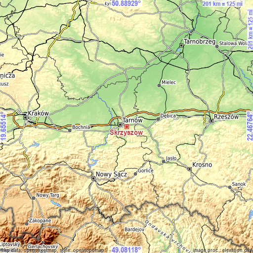 Topographic map of Skrzyszów