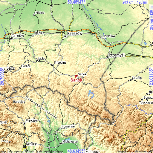 Topographic map of Sanok