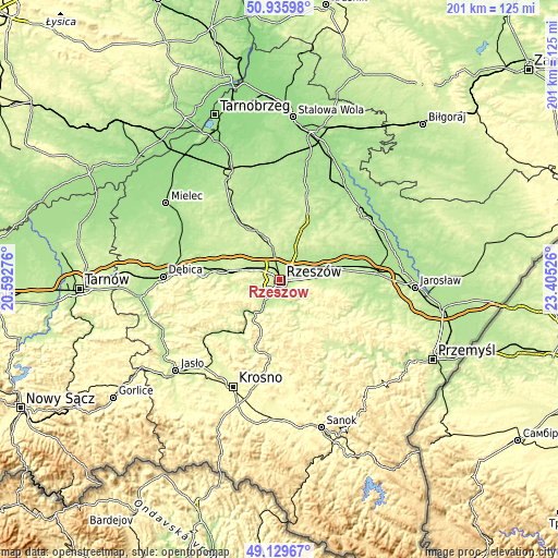 Topographic map of Rzeszów