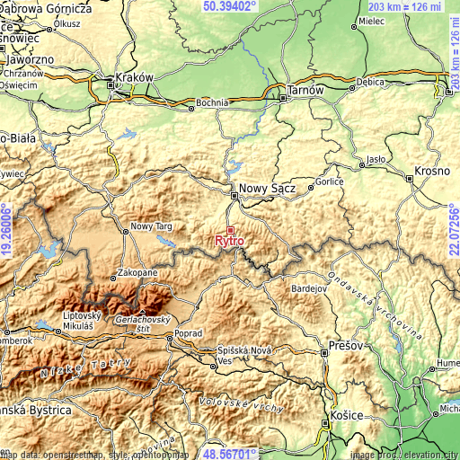 Topographic map of Rytro