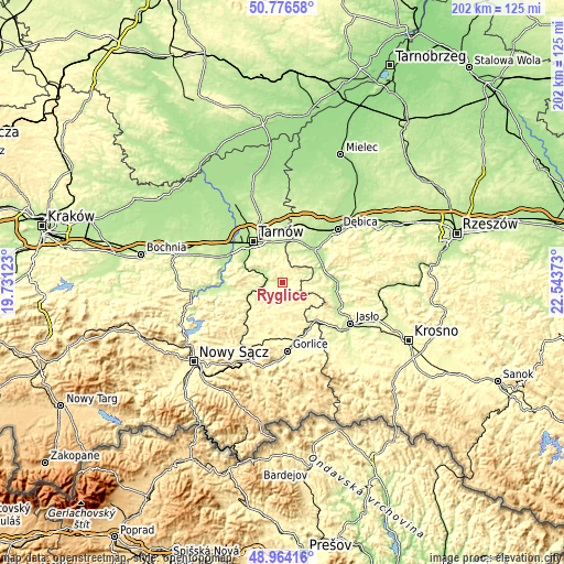 Topographic map of Ryglice