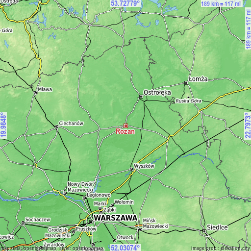 Topographic map of Różan