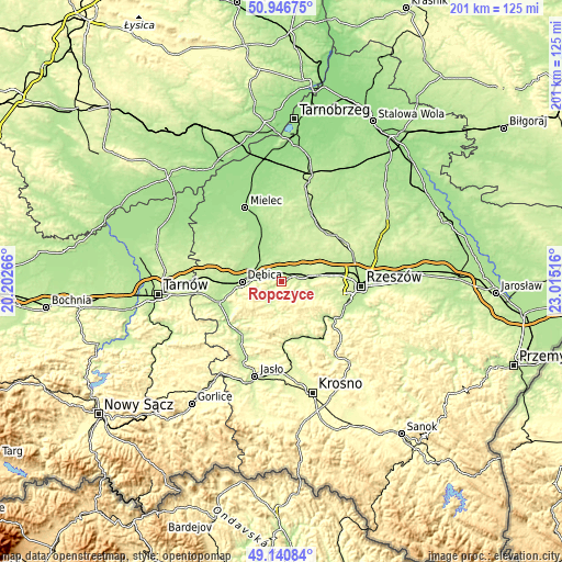 Topographic map of Ropczyce