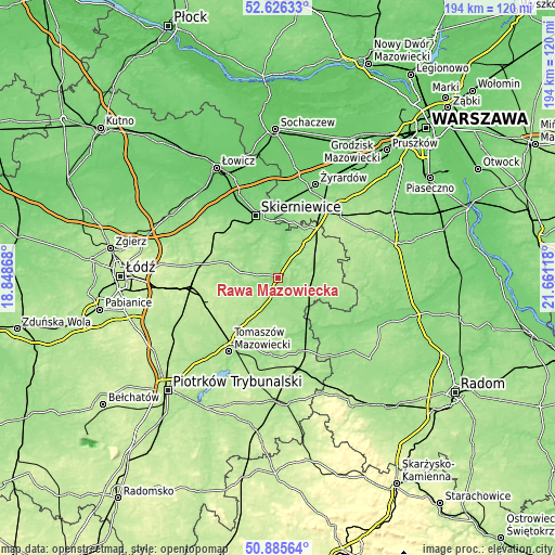 Topographic map of Rawa Mazowiecka