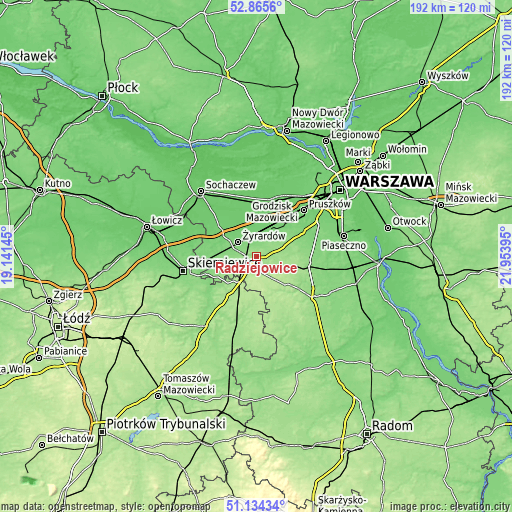 Topographic map of Radziejowice