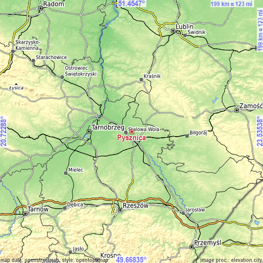 Topographic map of Pysznica
