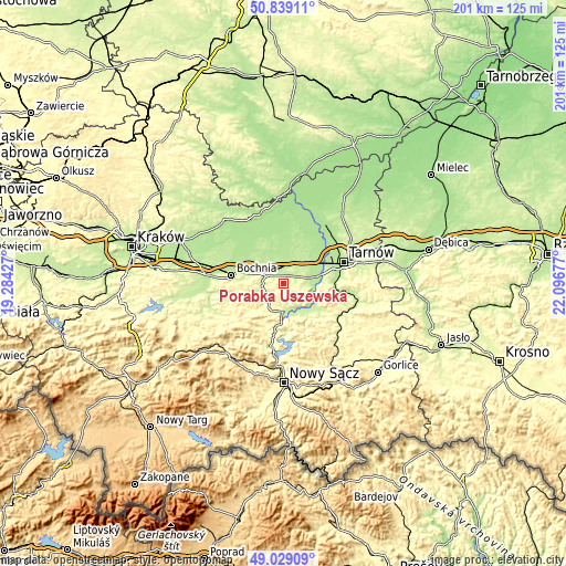 Topographic map of Porąbka Uszewska