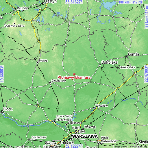 Topographic map of Płoniawy-Bramura