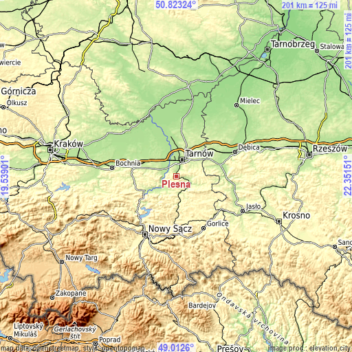 Topographic map of Pleśna