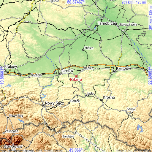 Topographic map of Pilzno