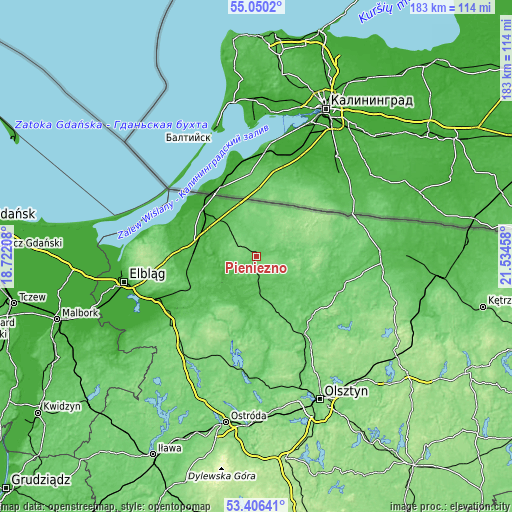 Topographic map of Pieniężno