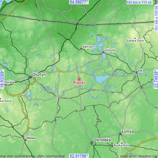 Topographic map of Piecki