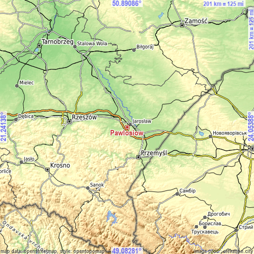 Topographic map of Pawłosiów