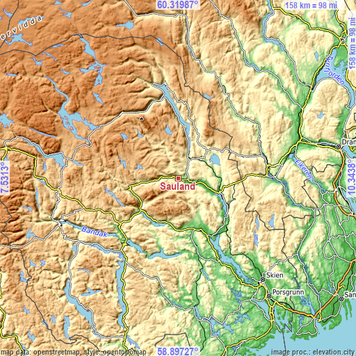 Topographic map of Sauland