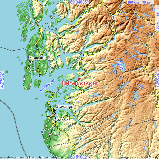 Topographic map of Hjelmelandsvågen