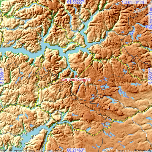 Topographic map of Aurlandsvangen