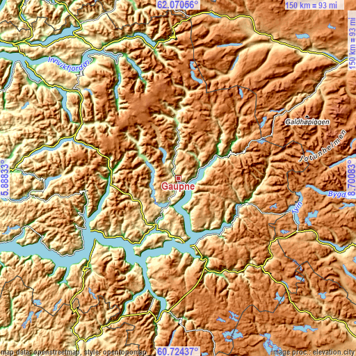 Topographic map of Gaupne