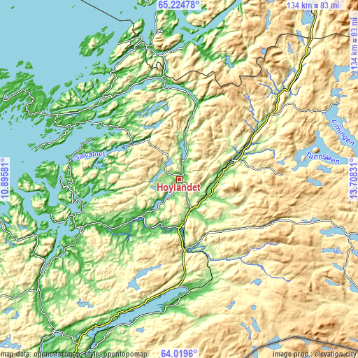 Topographic map of Høylandet