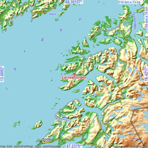 Topographic map of Leinesfjorden